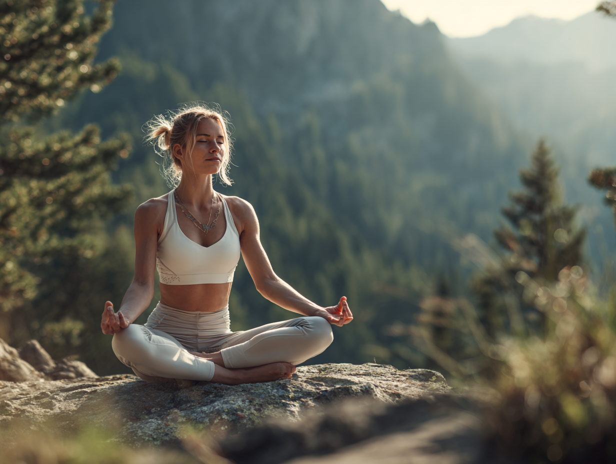 Donna in posizione yoga al tramonto
